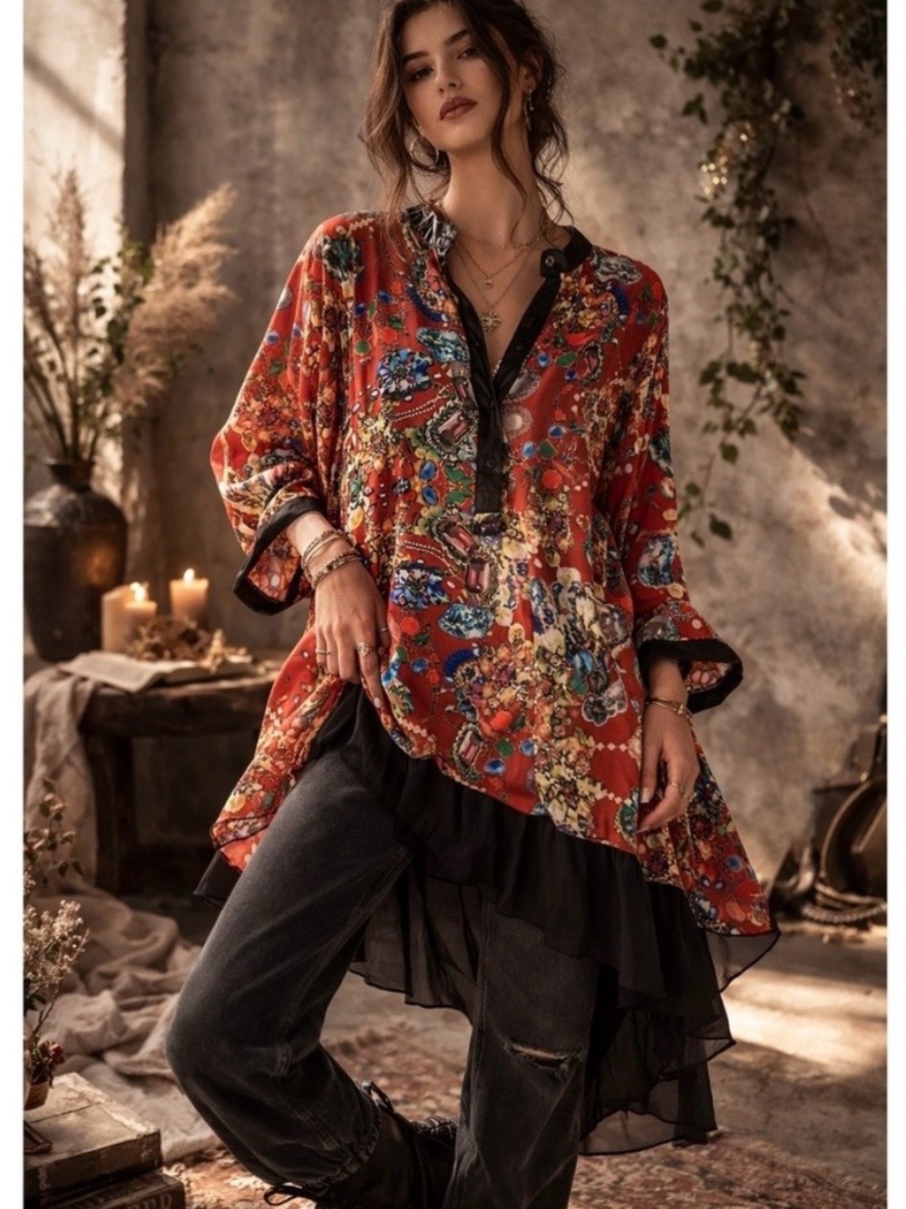 Pretty Angel Red Floral Boho Tunic Blouse